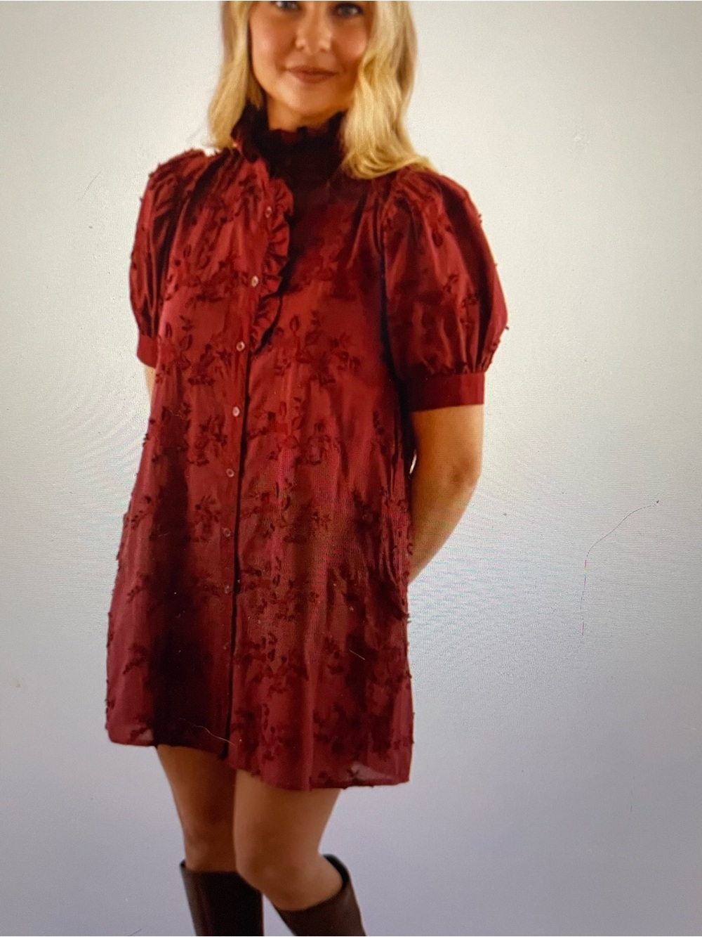 ENTRO Burgundy Textured Button-Front Mini Dress